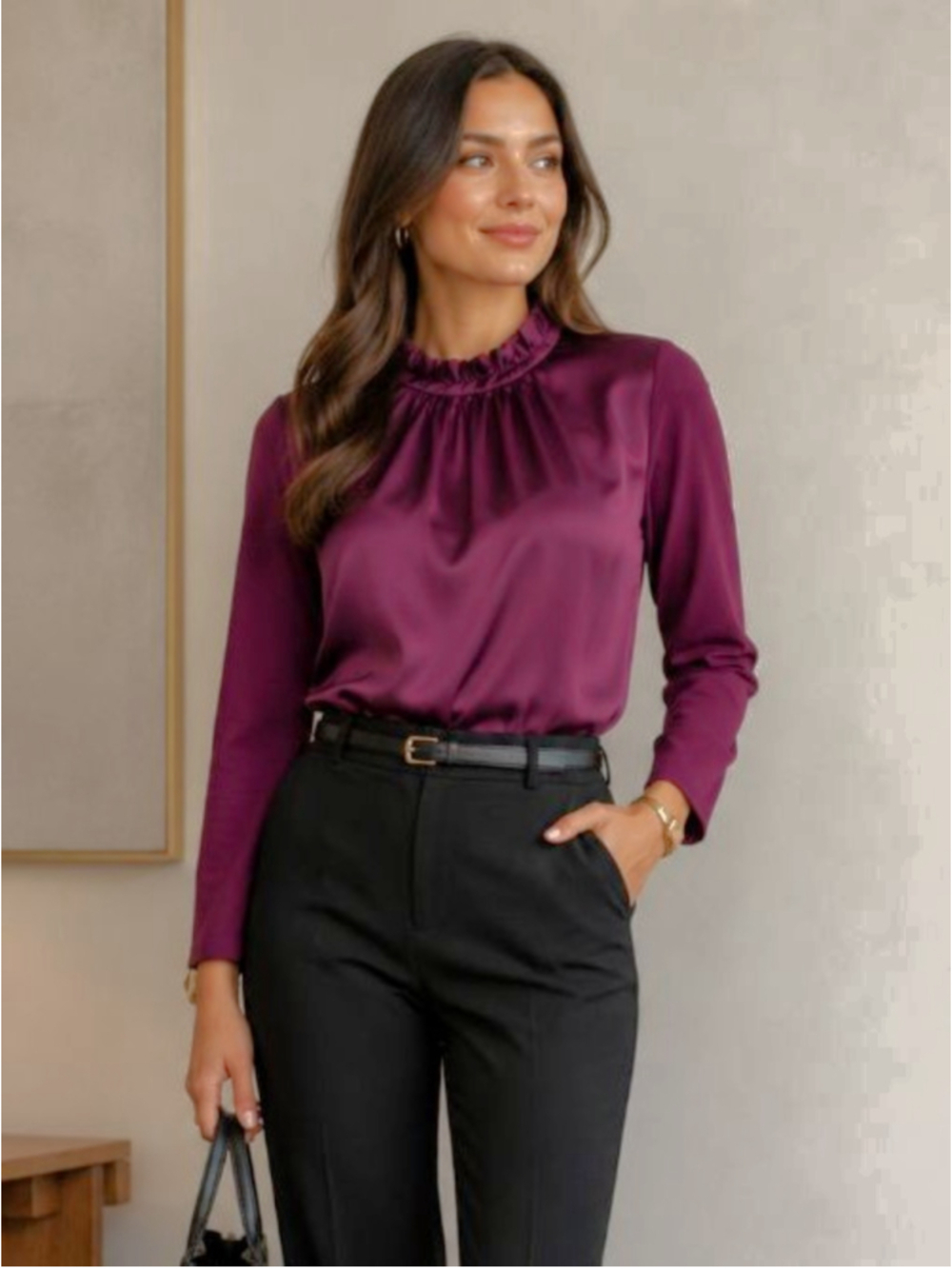 Banana Republic Ruffle Mock-Neck Polyester/Modal Blouse Plum Petite L